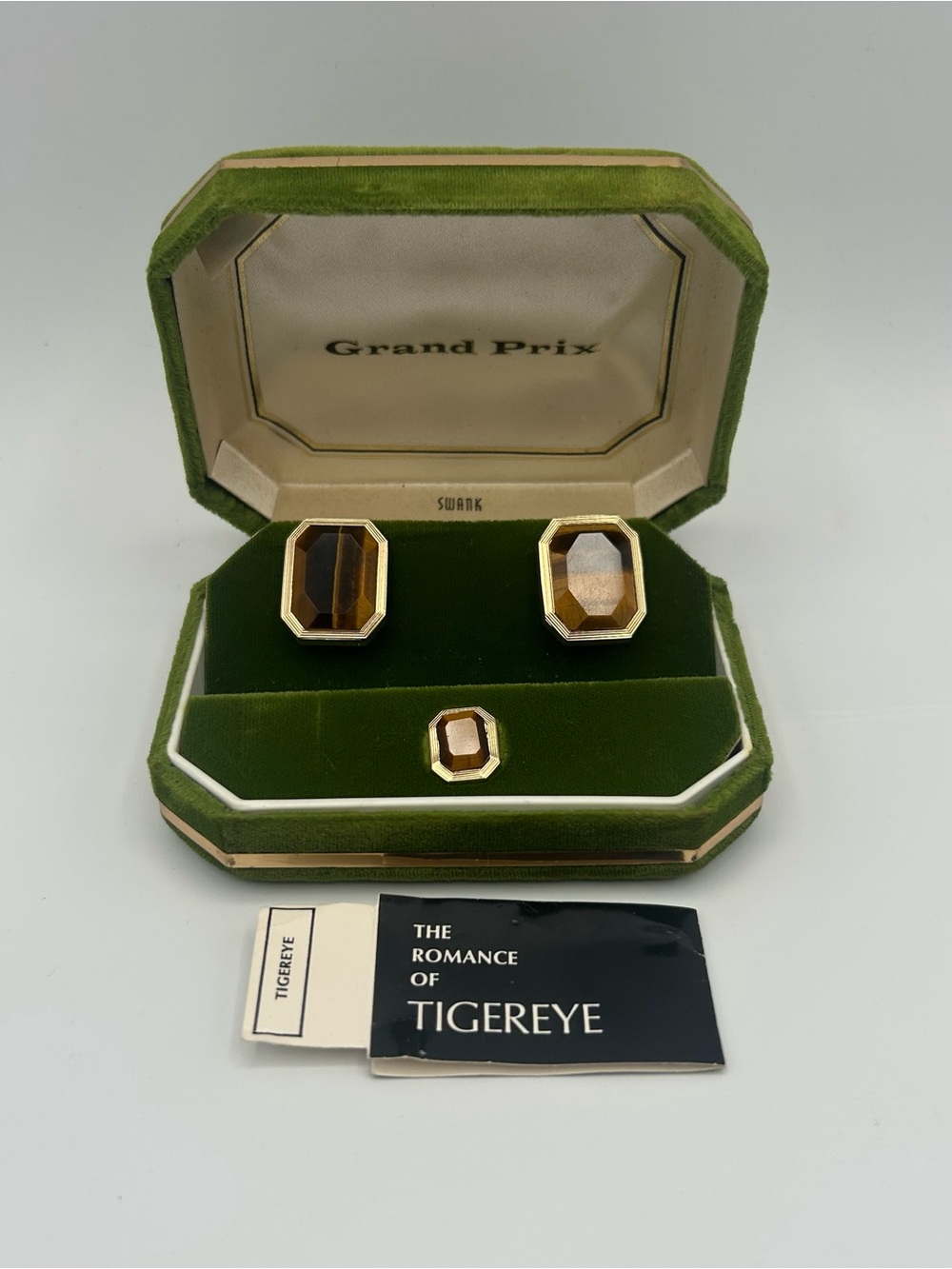 NOS Vintage Grand Prix by Swank Genuine Tiger's Eye Cufflink Tie Tack Set Boxed